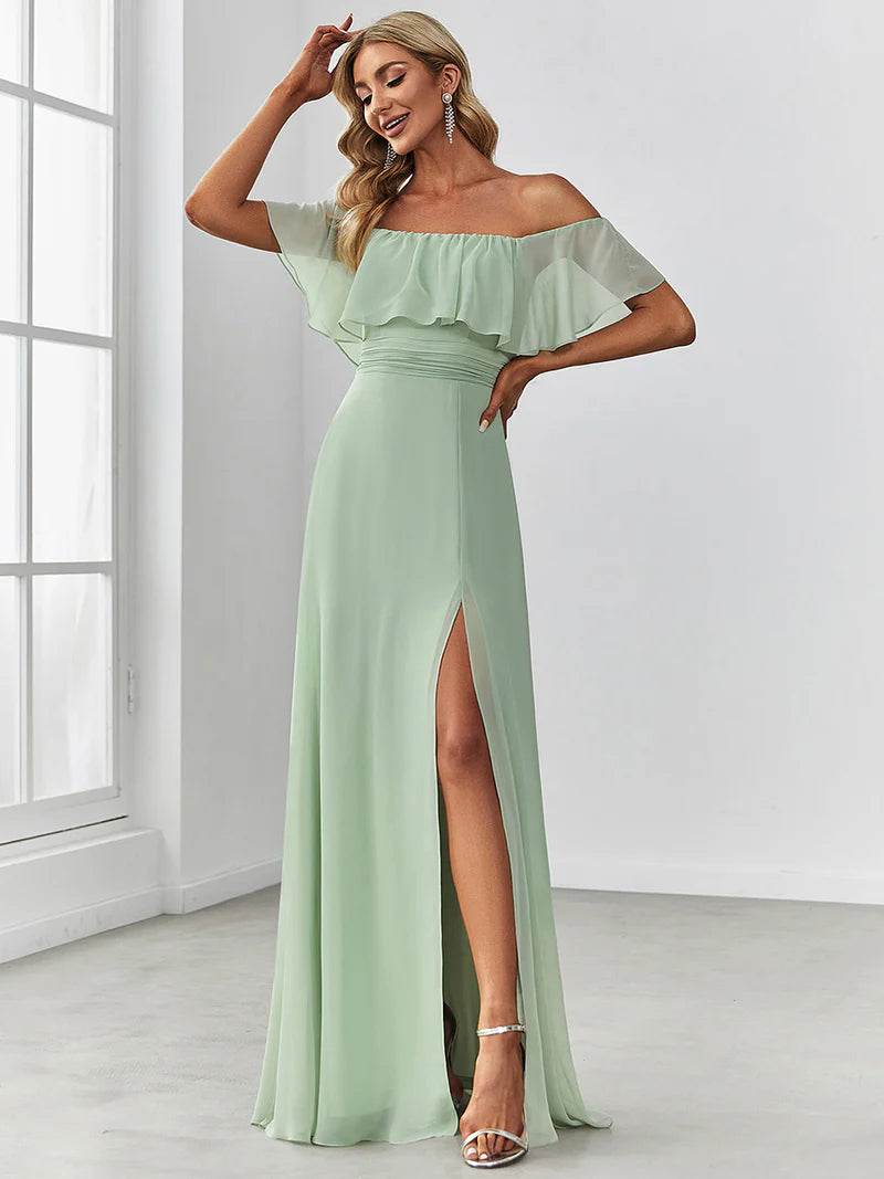 Off-the-Shoulder Bridesmaid Dress – Ruffled with Thigh Split - Biamonde